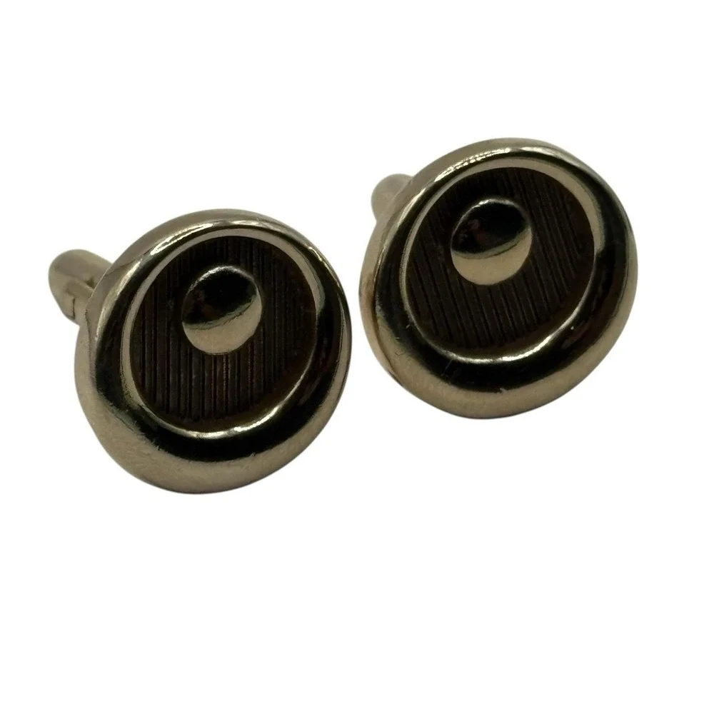 Vintage Cufflinks Round Gold‎ Tone Crescent Moon Wood Look Formal Men's Textured